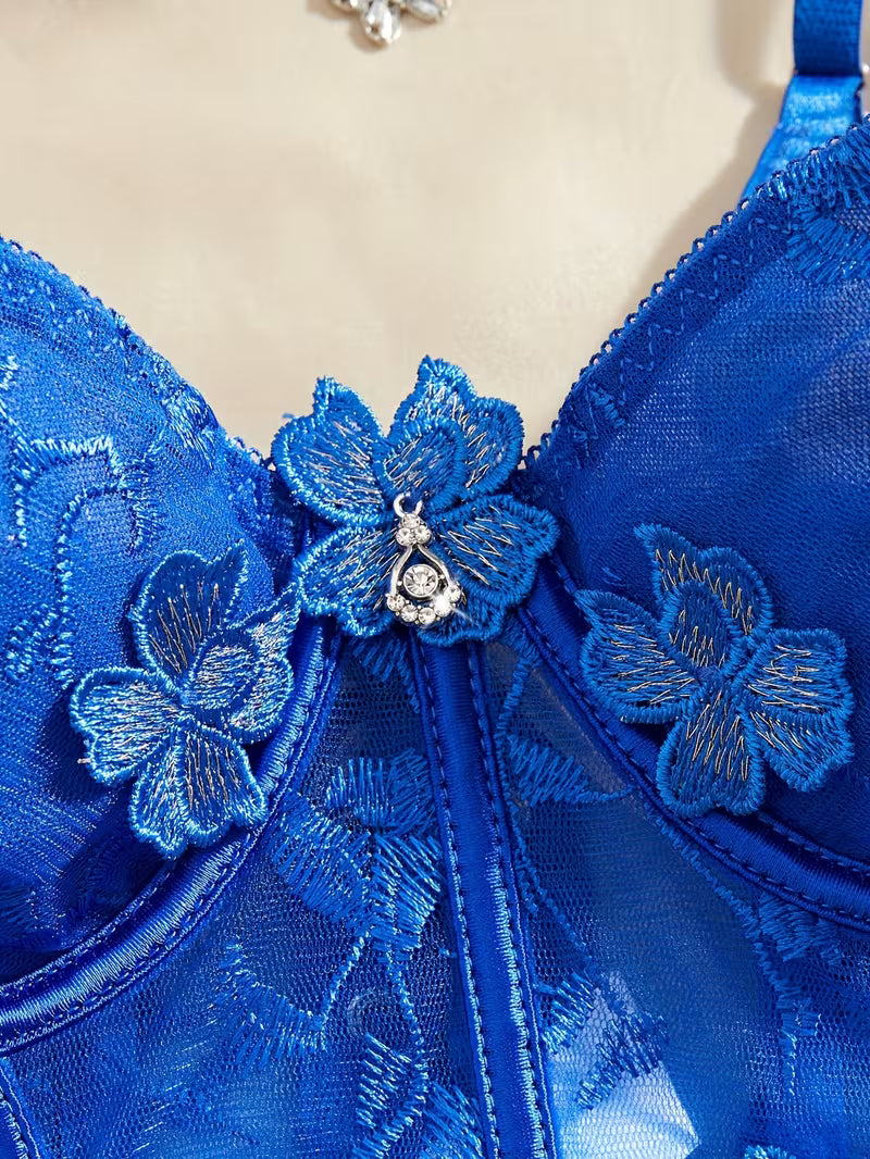 3pcs Lace Mesh Women's Set with Steel Ring, Cross-Strap Design, Bra Top and Panty + Garter Thong