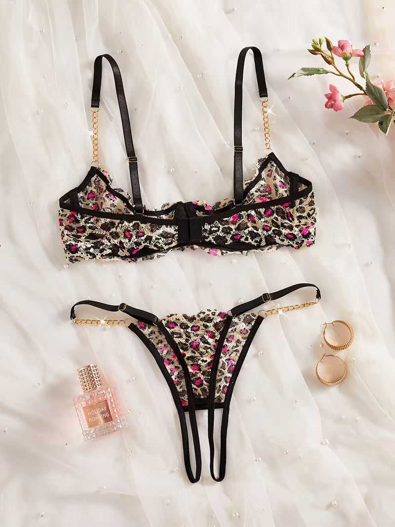 Women'S Bra Set | Multi-Color Leopard Print with Contrast Lace and Golden Chain Details | 1/4 Cup Slit Design