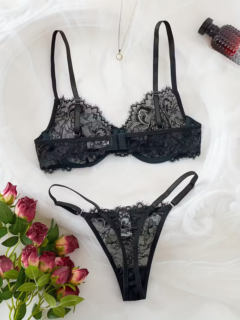 2pcs Sexy Lingerie Set - Red Lace Bra with Floral Pattern, No Padding, Perfect for Adult