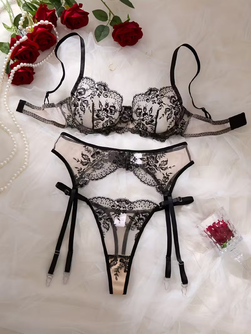 3pcs Women's European Style Black Lingerie