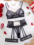 5pcs Mesh Bralette Set | Golden Chain Decoration Sheer Bra, Thong, Garters, Leg Rings