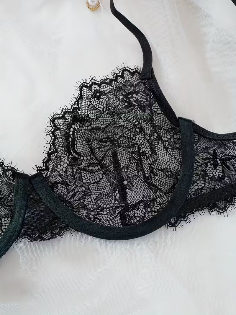 2pcs Sexy Lingerie Set - Red Lace Bra with Floral Pattern, No Padding, Perfect for Adult