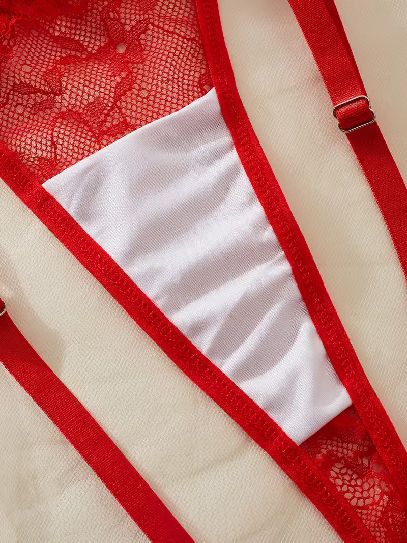 2pcs Sexy Lingerie Set - Red Lace Bra with Floral Pattern, No Padding, Perfect for Adult