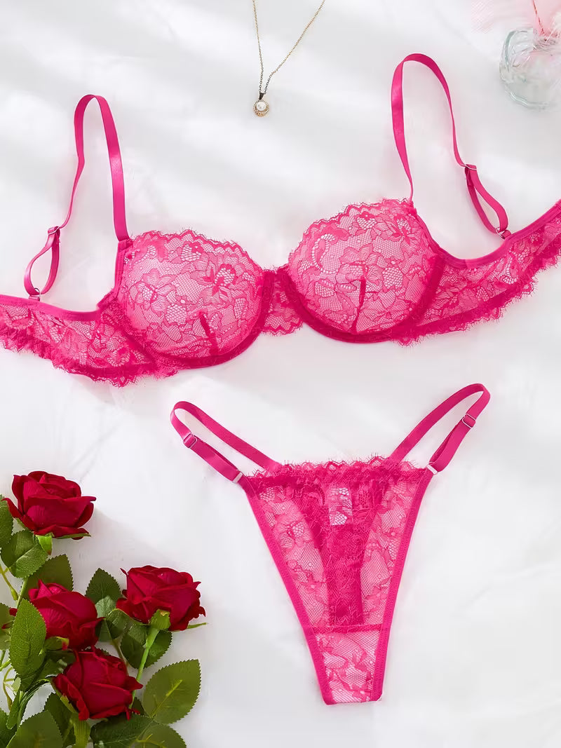 2pcs Sexy Lingerie Set - Red Lace Bra with Floral Pattern, No Padding, Perfect for Adult