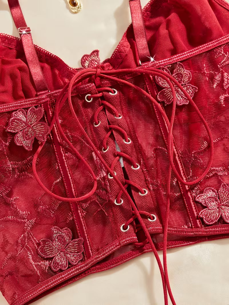 3pcs Lace Mesh Women's Set with Steel Ring, Cross-Strap Design, Bra Top and Panty + Garter Thong