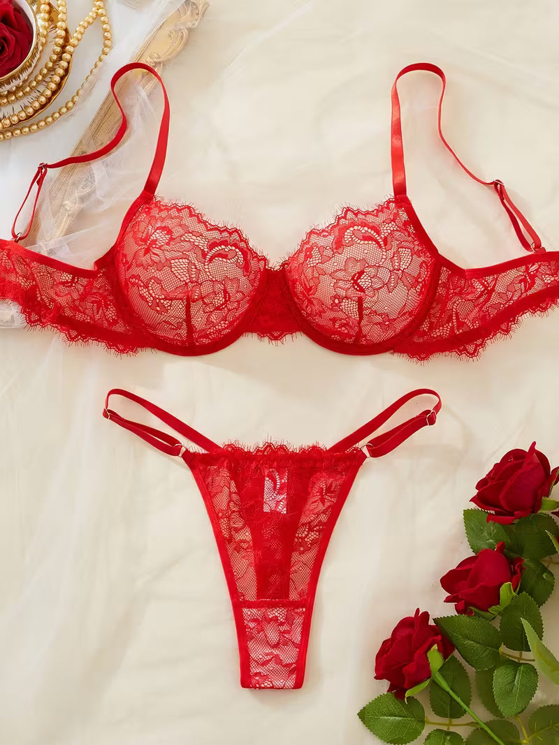 2pcs Sexy Lingerie Set - Red Lace Bra with Floral Pattern, No Padding, Perfect for Adult