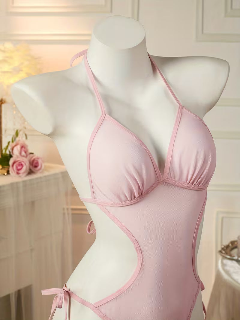 Pink Sheer Mesh Halter-Neck Bodysuit with Ties | Thin and Sexy Solid Color Design