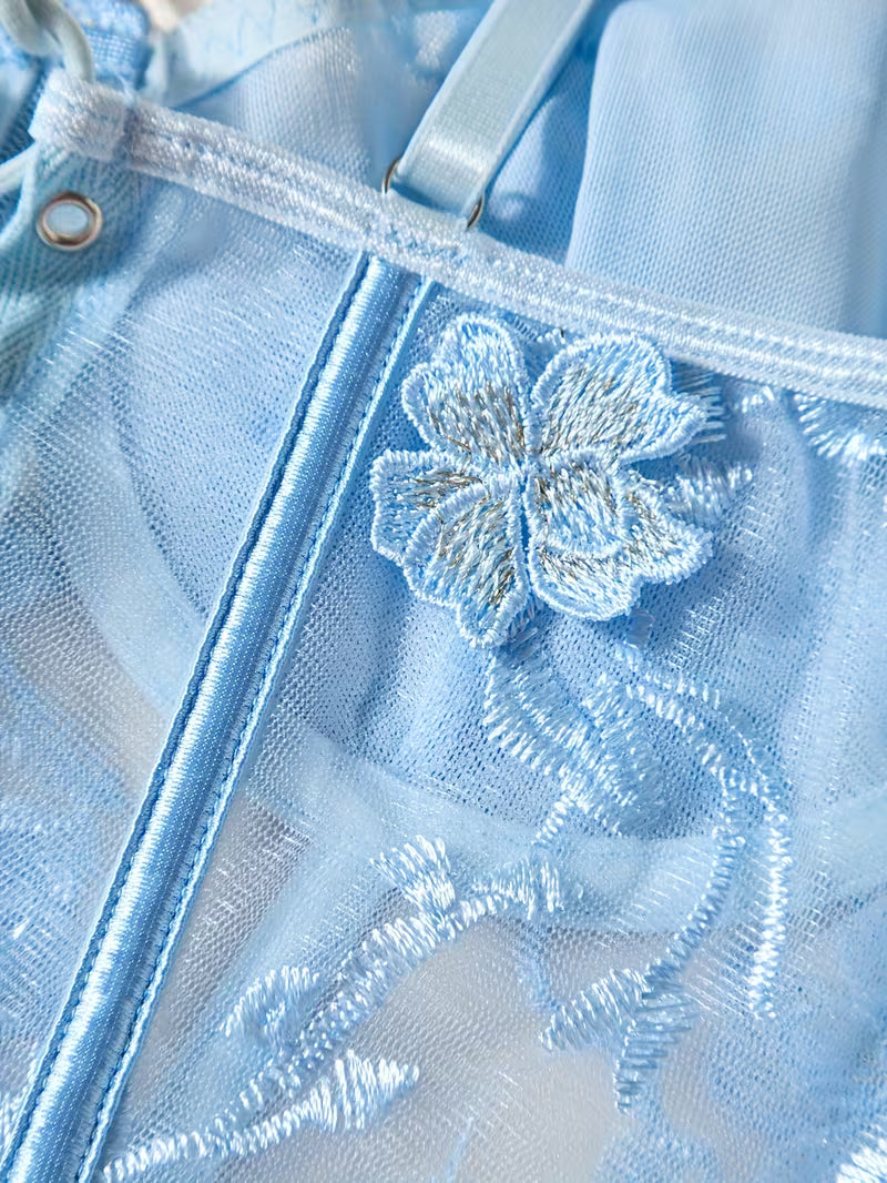 3pcs Lace Mesh Women's Set with Steel Ring, Cross-Strap Design, Bra Top and Panty + Garter Thong