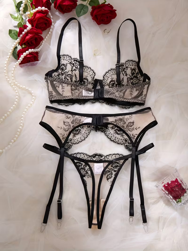 3pcs Women's European Style Black Lingerie