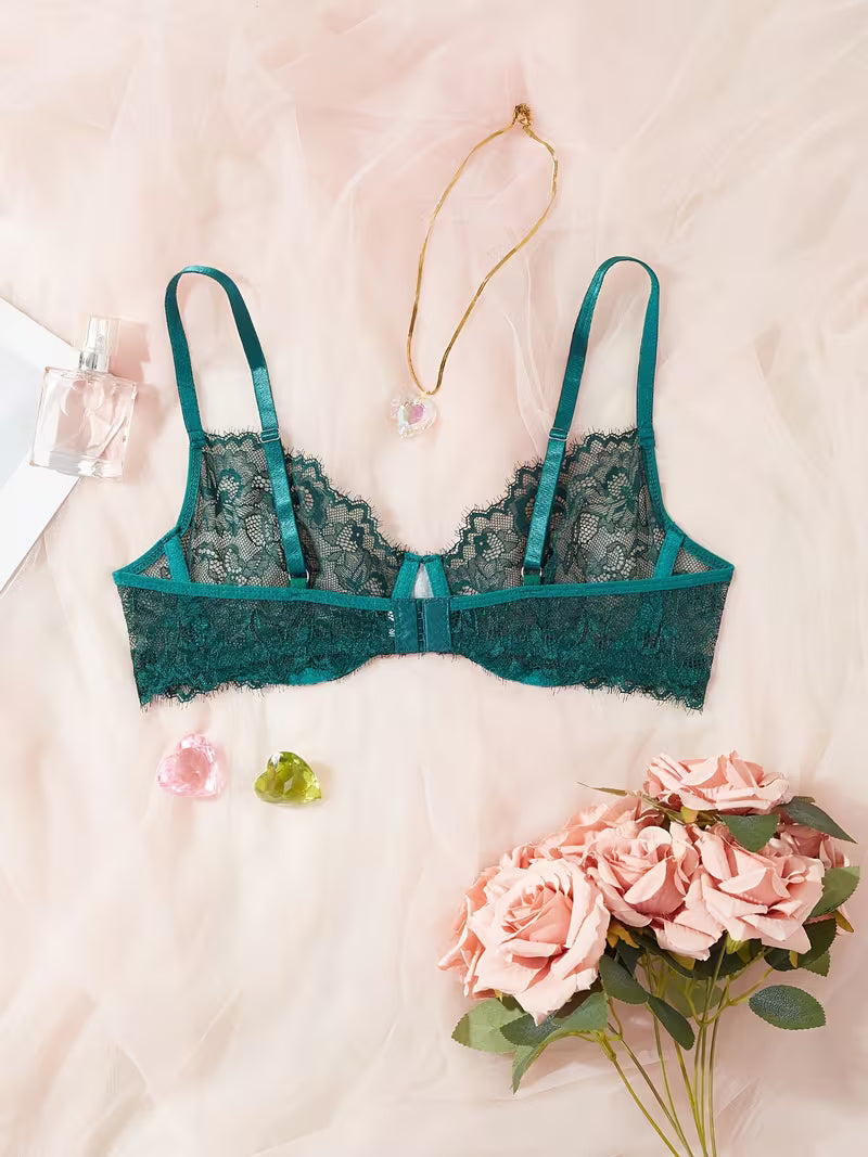 2pcs Sexy Lingerie Set - Red Lace Bra with Floral Pattern, No Padding, Perfect for Adult