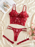 3pcs Lace Mesh Women's Set with Steel Ring, Cross-Strap Design, Bra Top and Panty + Garter Thong