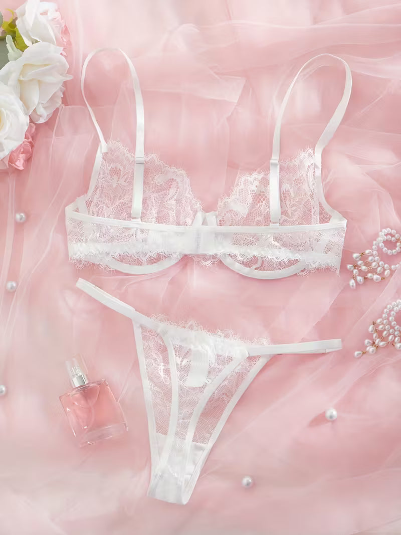 2pcs Sexy Lingerie Set - Red Lace Bra with Floral Pattern, No Padding, Perfect for Adult