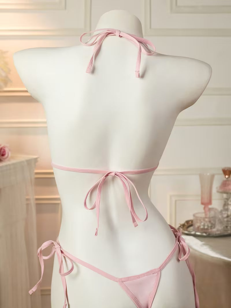 Pink Sheer Mesh Halter-Neck Bodysuit with Ties | Thin and Sexy Solid Color Design