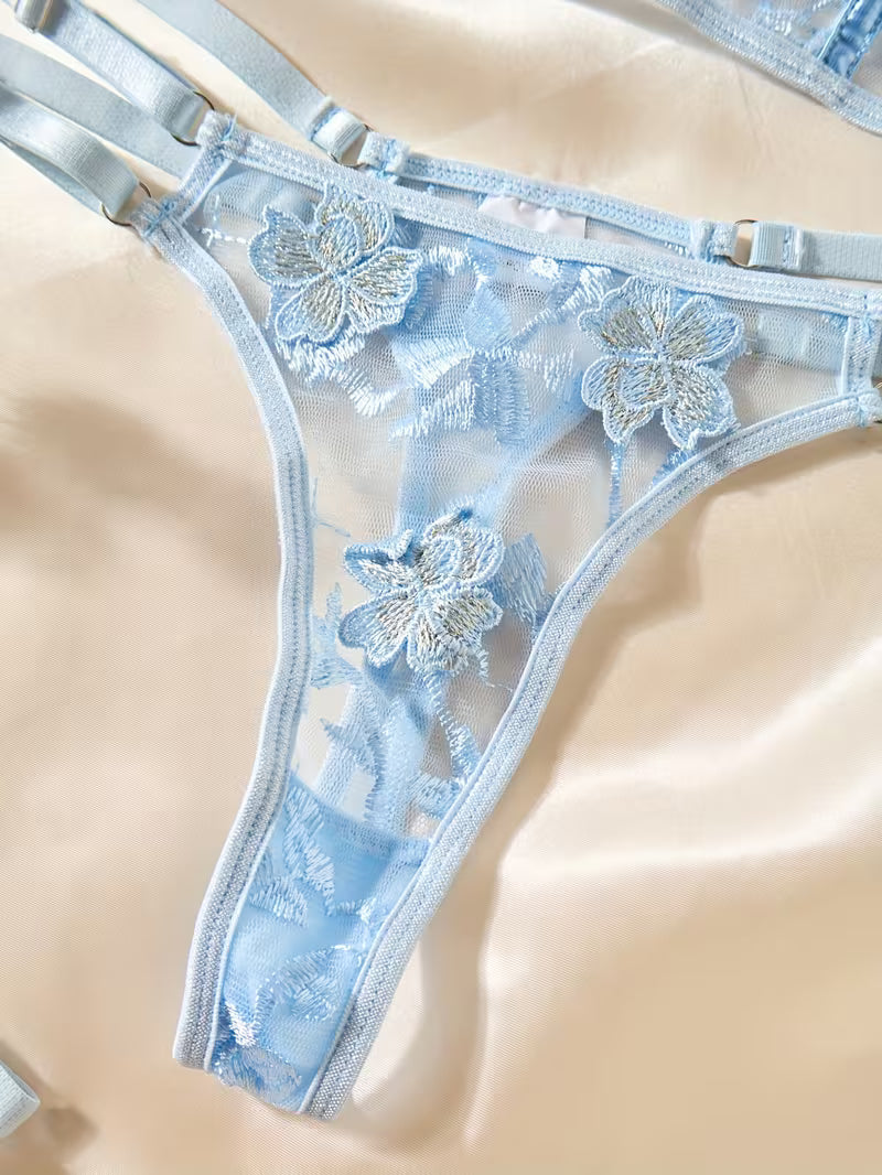 3pcs Lace Mesh Women's Set with Steel Ring, Cross-Strap Design, Bra Top and Panty + Garter Thong