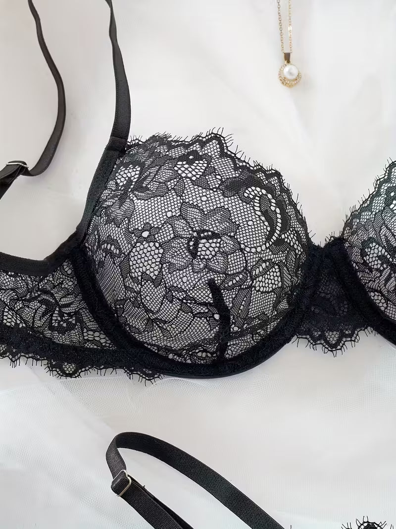 2pcs Sexy Lingerie Set - Red Lace Bra with Floral Pattern, No Padding, Perfect for Adult