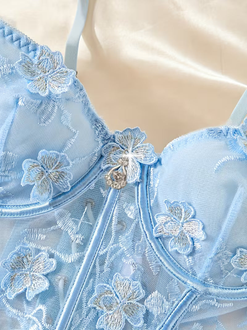 3pcs Lace Mesh Women's Set with Steel Ring, Cross-Strap Design, Bra Top and Panty + Garter Thong