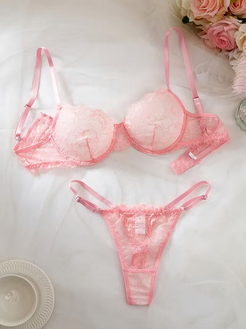 2pcs Sexy Lingerie Set - Red Lace Bra with Floral Pattern, No Padding, Perfect for Adult