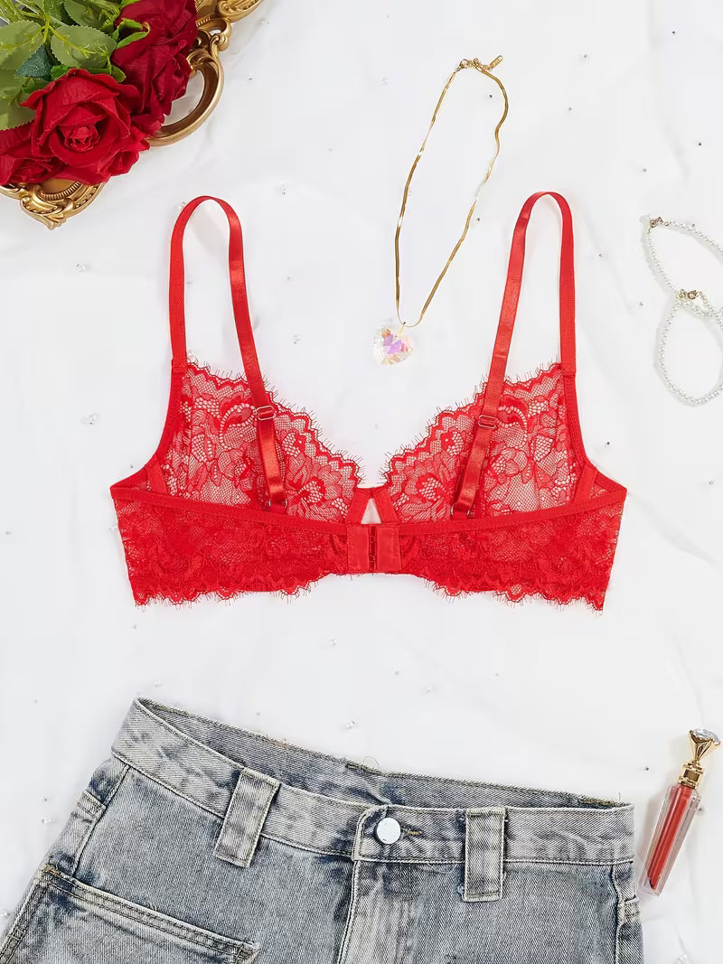 2pcs Sexy Lingerie Set - Red Lace Bra with Floral Pattern, No Padding, Perfect for Adult