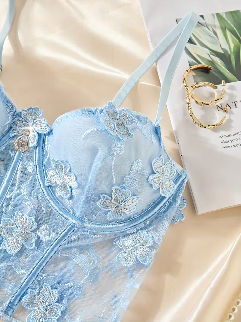 3pcs Lace Mesh Women's Set with Steel Ring, Cross-Strap Design, Bra Top and Panty + Garter Thong