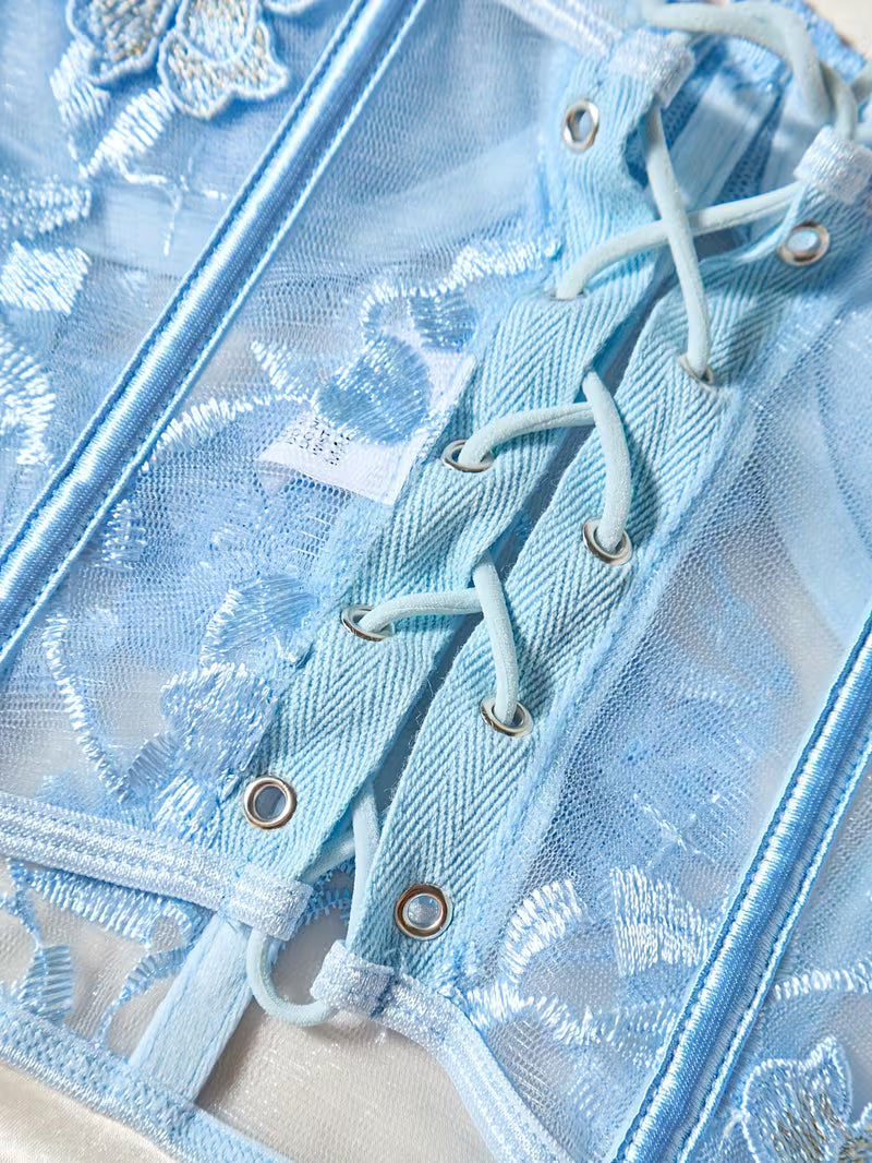 3pcs Lace Mesh Women's Set with Steel Ring, Cross-Strap Design, Bra Top and Panty + Garter Thong