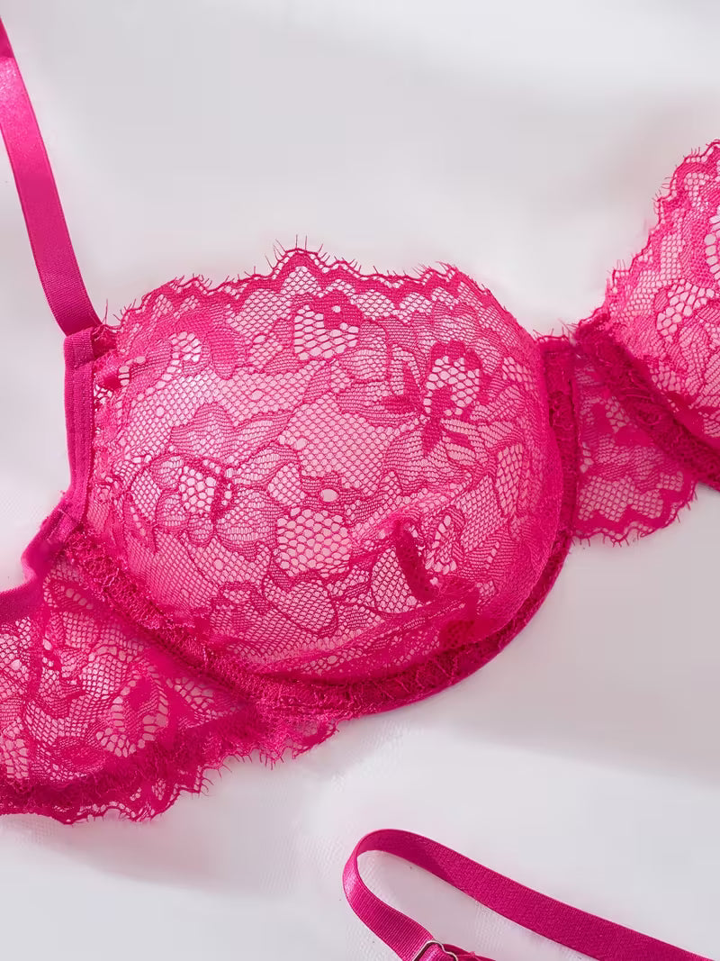2pcs Sexy Lingerie Set - Red Lace Bra with Floral Pattern, No Padding, Perfect for Adult