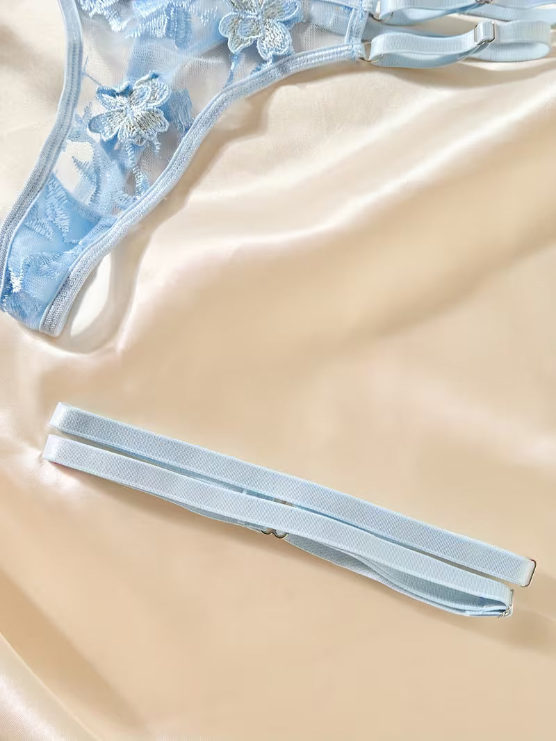 3pcs Lace Mesh Women's Set with Steel Ring, Cross-Strap Design, Bra Top and Panty + Garter Thong