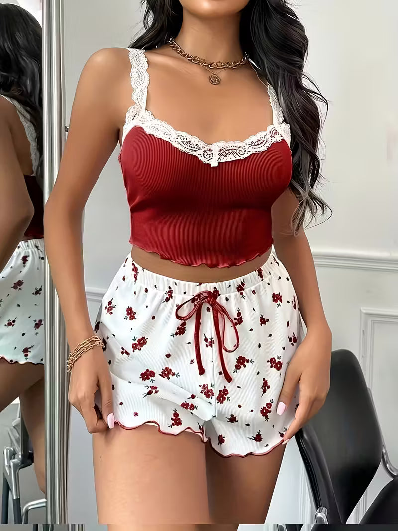 Women'S Floral Print Two-Piece Pajama Set - Elegant Off-Shoulder Top & Shorts with Lace