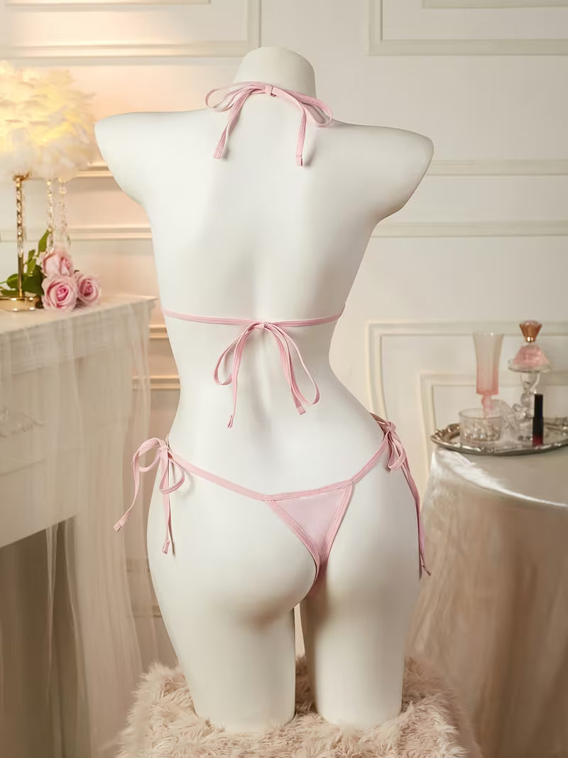 Pink Sheer Mesh Halter-Neck Bodysuit with Ties | Thin and Sexy Solid Color Design