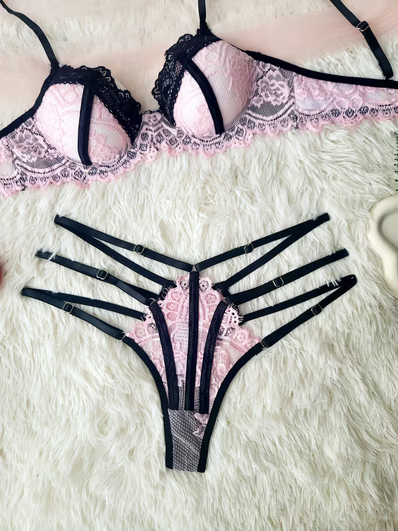 Sexy Lash Lace Color Block Bra and Briefs Set | No Padding, Mid Rise Briefs