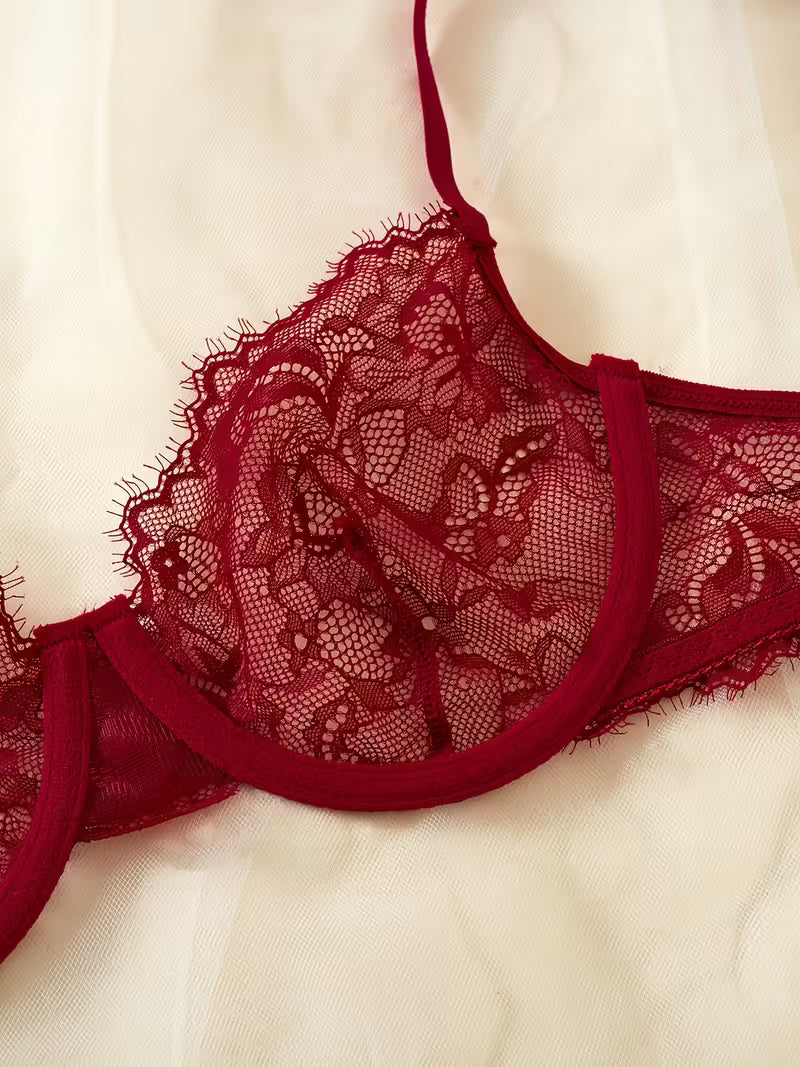 2pcs Sexy Lingerie Set - Red Lace Bra with Floral Pattern, No Padding, Perfect for Adult