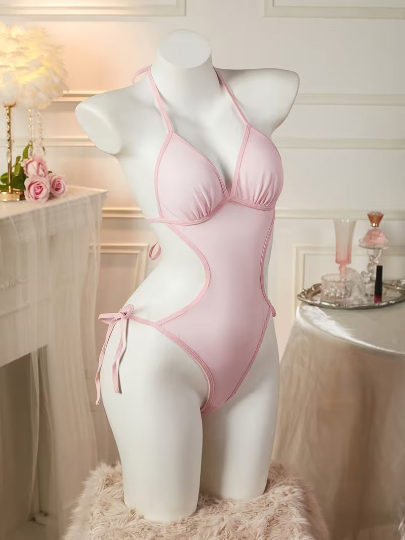 Pink Sheer Mesh Halter-Neck Bodysuit with Ties | Thin and Sexy Solid Color Design