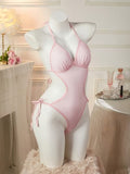 Pink Sheer Mesh Halter-Neck Bodysuit with Ties | Thin and Sexy Solid Color Design