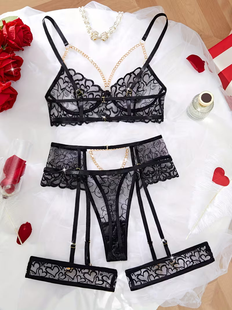 5pcs Mesh Bralette Set | Golden Chain Decoration Sheer Bra, Thong, Garters, Leg Rings
