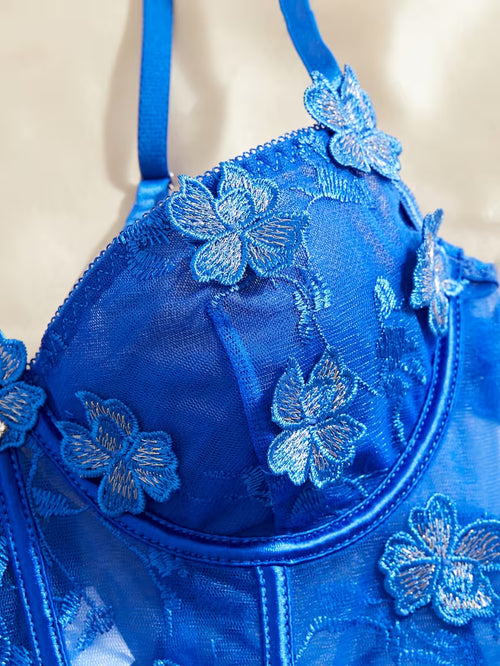 3pcs Lace Mesh Women's Set with Steel Ring, Cross-Strap Design, Bra Top and Panty + Garter Thong