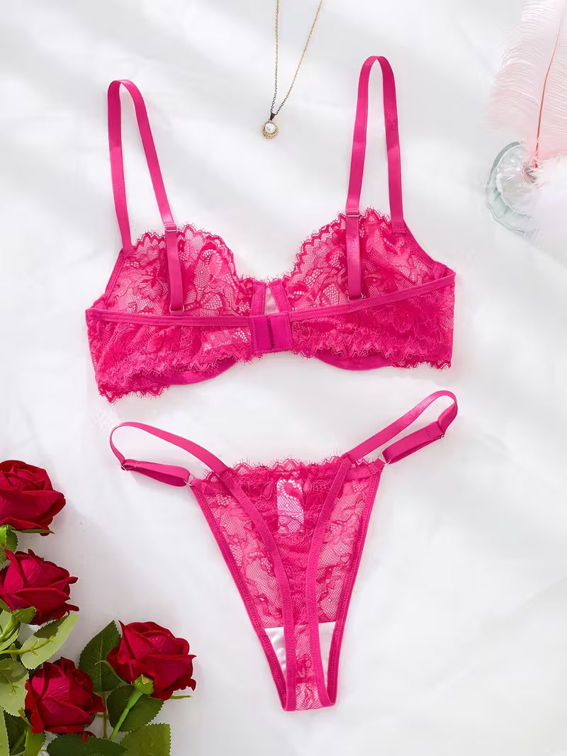 2pcs Sexy Lingerie Set - Red Lace Bra with Floral Pattern, No Padding, Perfect for Adult