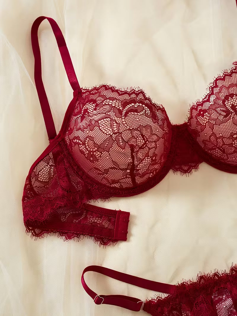 2pcs Sexy Lingerie Set - Red Lace Bra with Floral Pattern, No Padding, Perfect for Adult