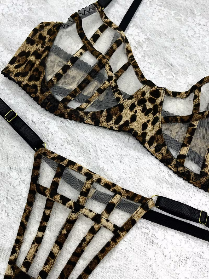 Leopard Print Ultra-Thin Bra Set, Sexy Lace Lingerie with French-Style Steel Underwire, Openwork Design