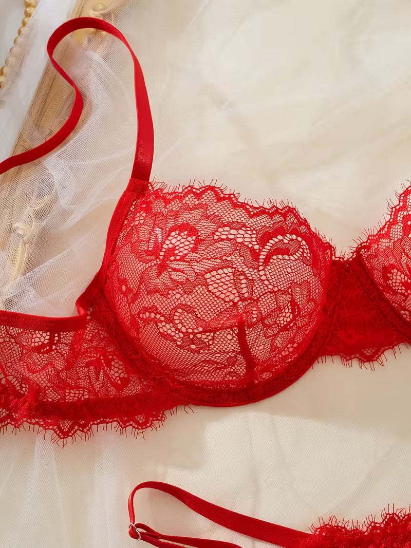 2pcs Sexy Lingerie Set - Red Lace Bra with Floral Pattern, No Padding, Perfect for Adult