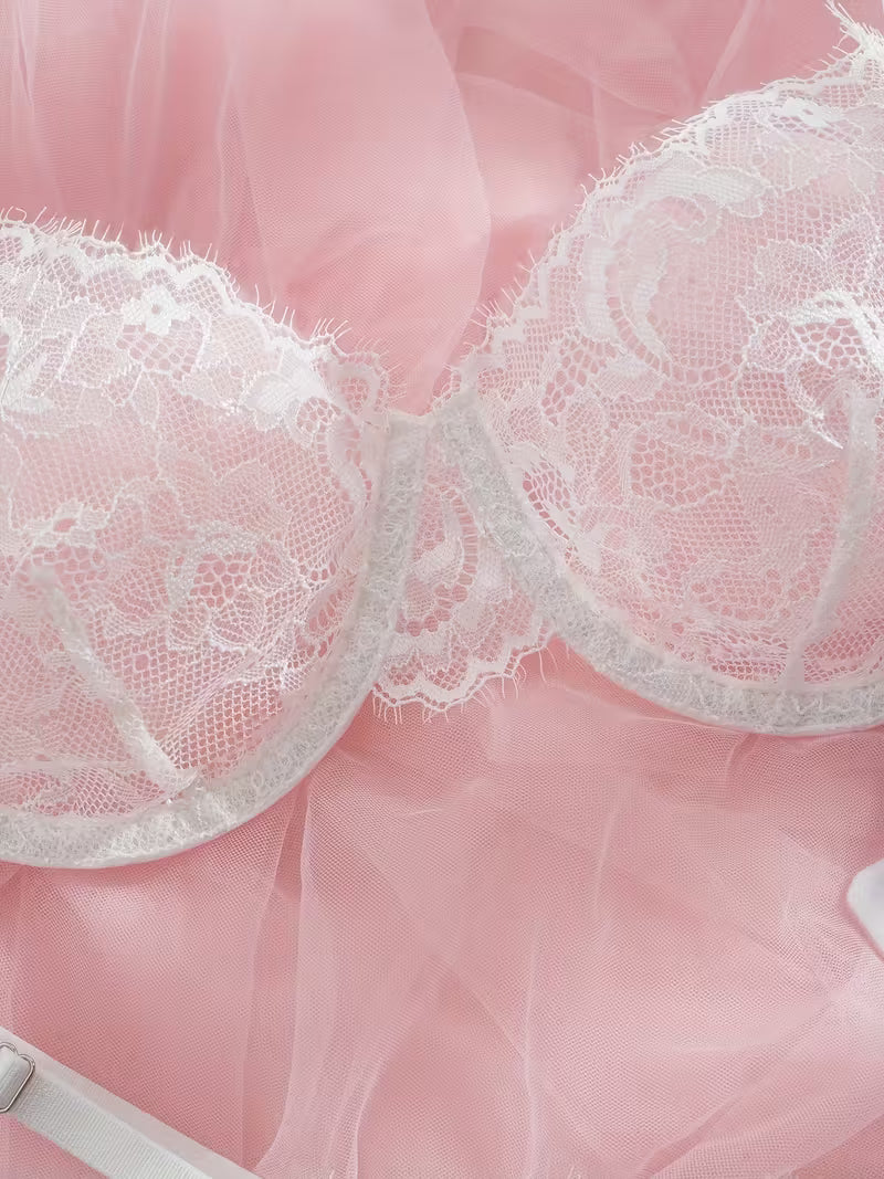 2pcs Sexy Lingerie Set - Red Lace Bra with Floral Pattern, No Padding, Perfect for Adult