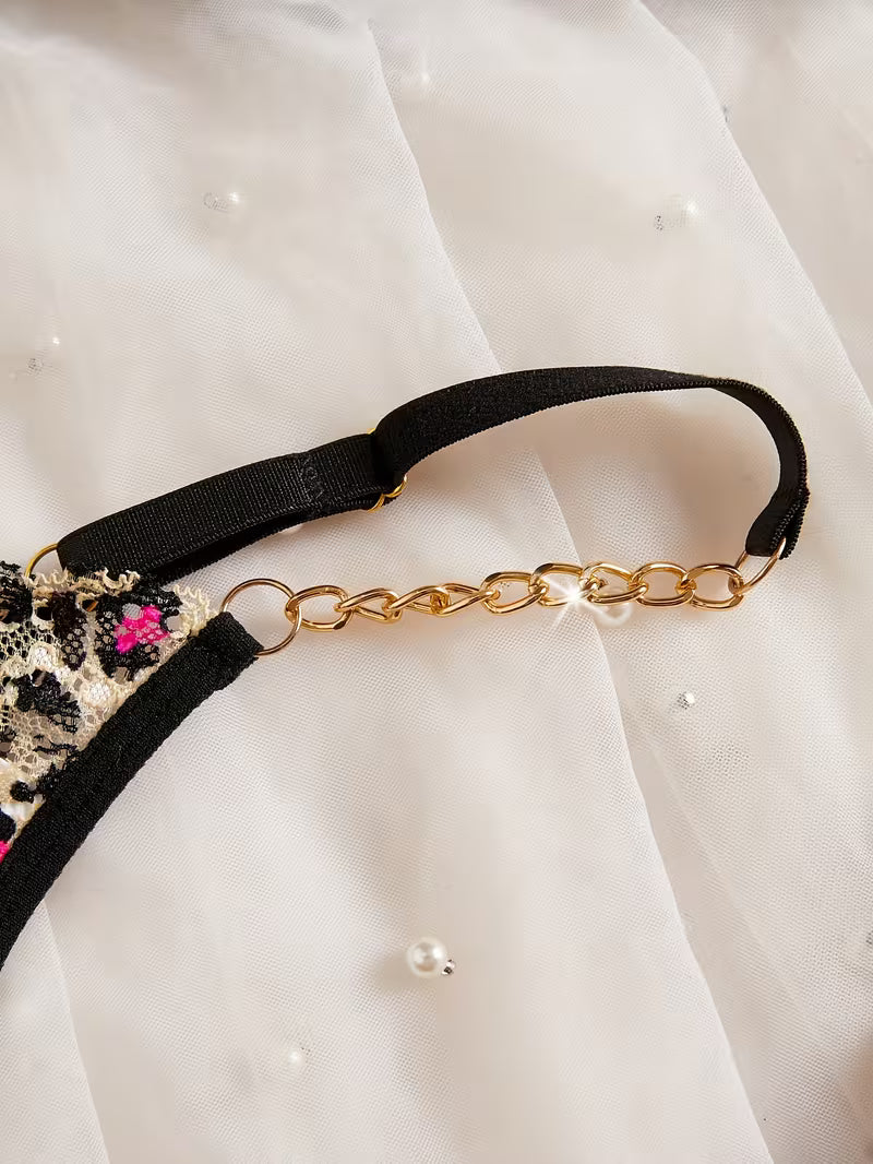 Women'S Bra Set | Multi-Color Leopard Print with Contrast Lace and Golden Chain Details | 1/4 Cup Slit Design