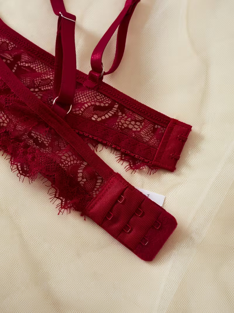2pcs Sexy Lingerie Set - Red Lace Bra with Floral Pattern, No Padding, Perfect for Adult