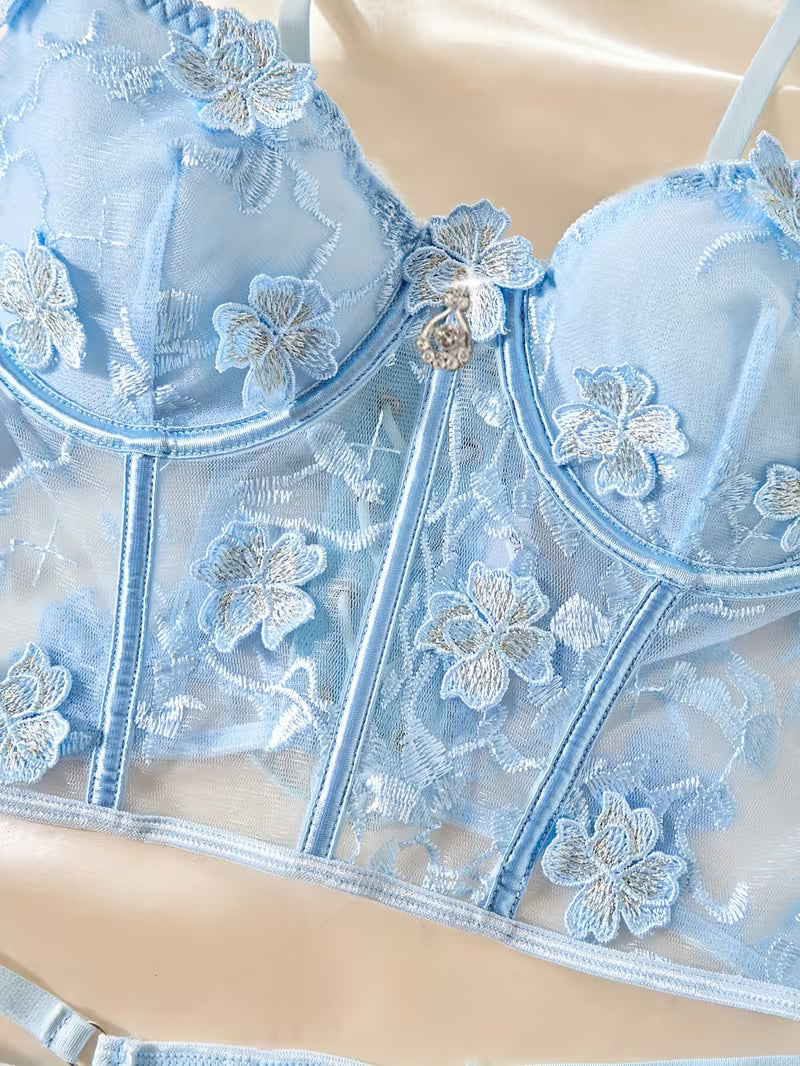 3pcs Lace Mesh Women's Set with Steel Ring, Cross-Strap Design, Bra Top and Panty + Garter Thong