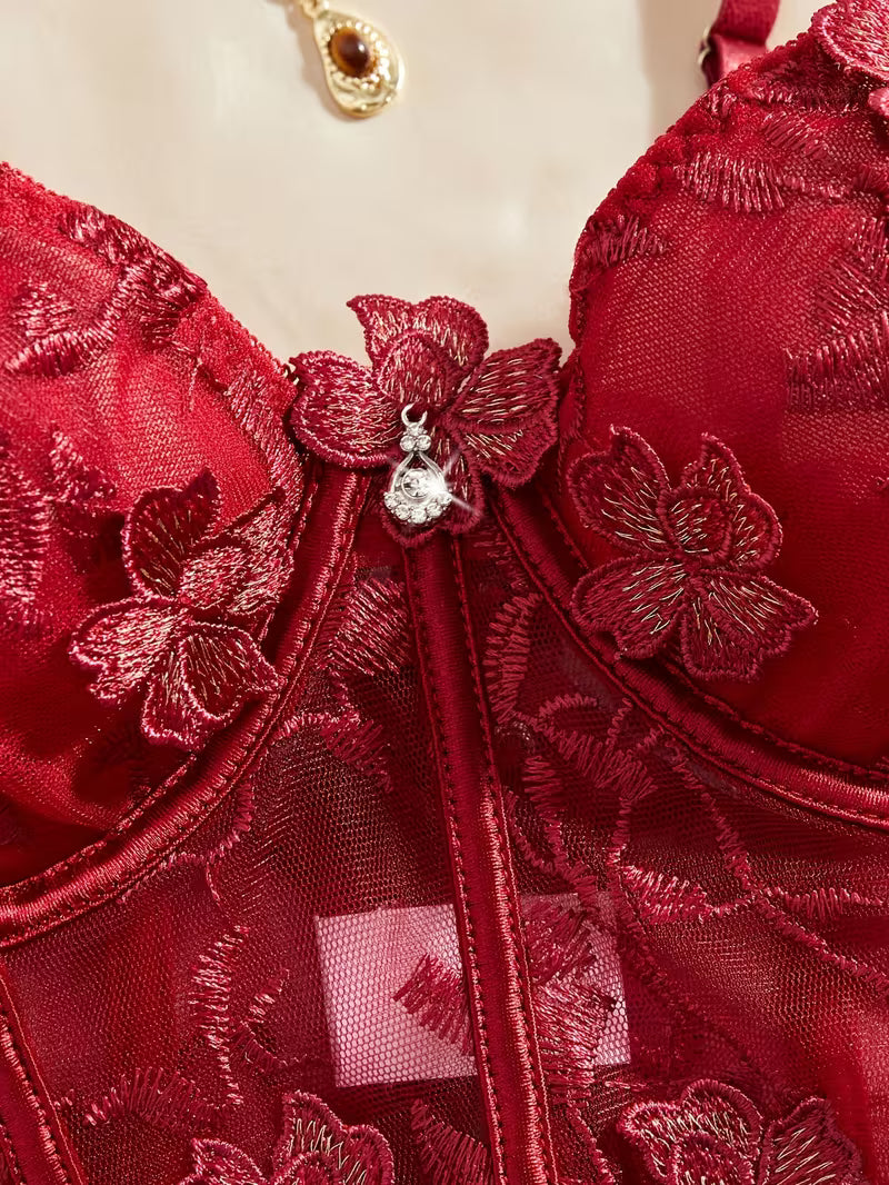 3pcs Lace Mesh Women's Set with Steel Ring, Cross-Strap Design, Bra Top and Panty + Garter Thong