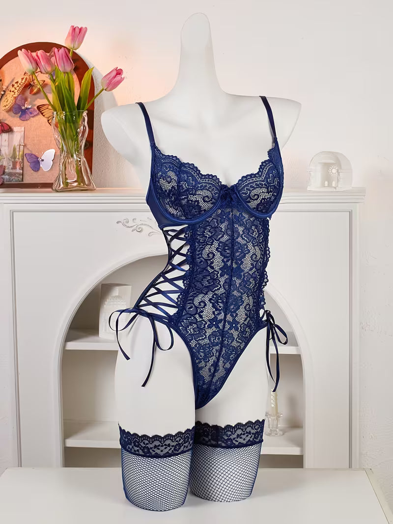 New Style Lace Hollow-Out Design Sexy Bodysuit with Leg Socks