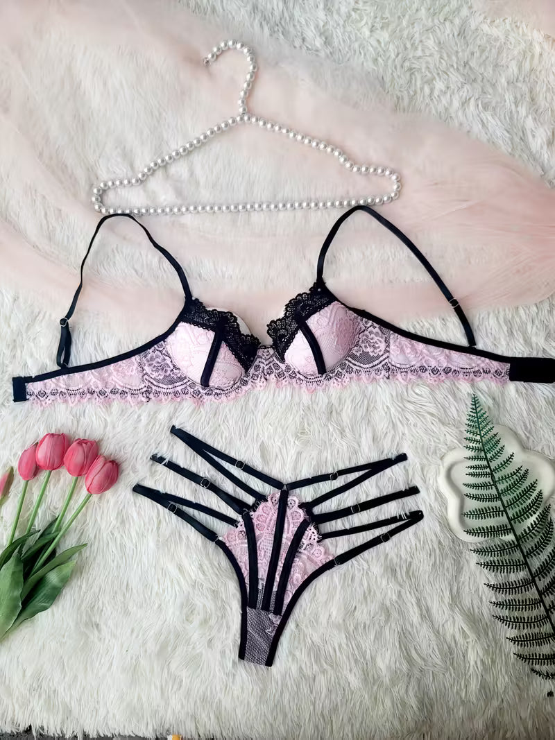 Sexy Lash Lace Color Block Bra and Briefs Set | No Padding, Mid Rise Briefs