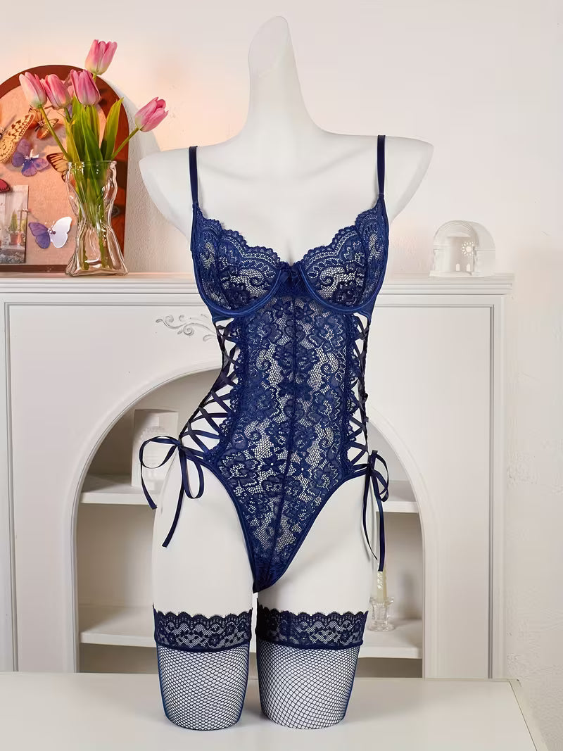 New Style Lace Hollow-Out Design Sexy Bodysuit with Leg Socks
