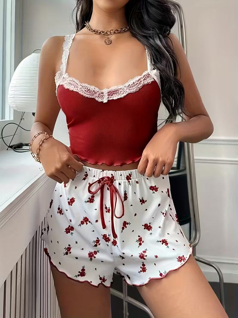Women'S Floral Print Two-Piece Pajama Set - Elegant Off-Shoulder Top & Shorts with Lace