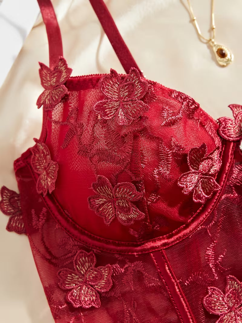 3pcs Lace Mesh Women's Set with Steel Ring, Cross-Strap Design, Bra Top and Panty + Garter Thong