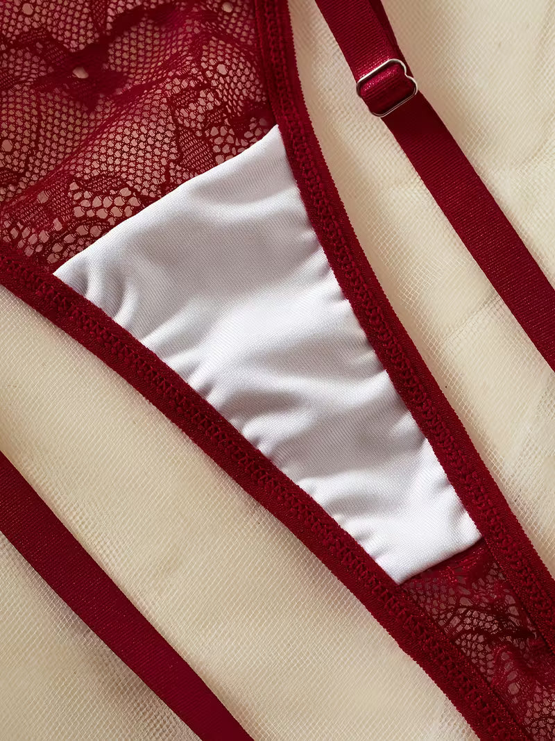 2pcs Sexy Lingerie Set - Red Lace Bra with Floral Pattern, No Padding, Perfect for Adult