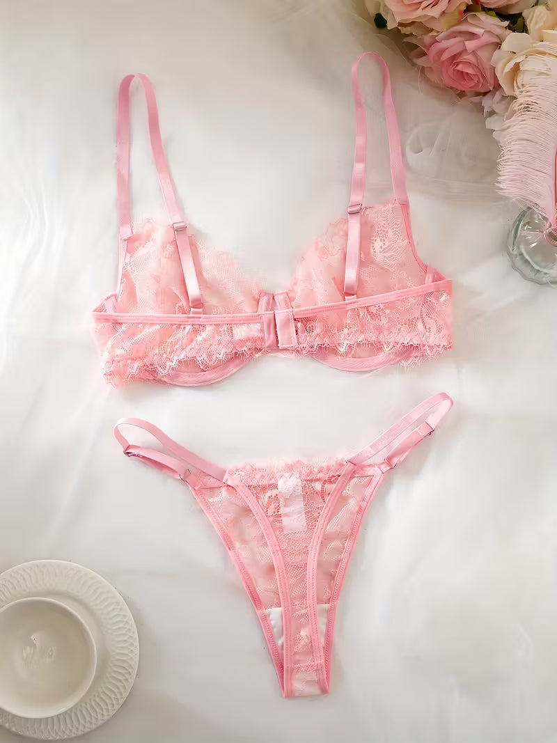 2pcs Sexy Lingerie Set - Red Lace Bra with Floral Pattern, No Padding, Perfect for Adult